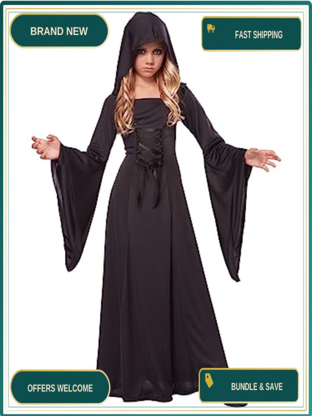 Hooded Robe Long Bell Sleeves Lace Up Costume